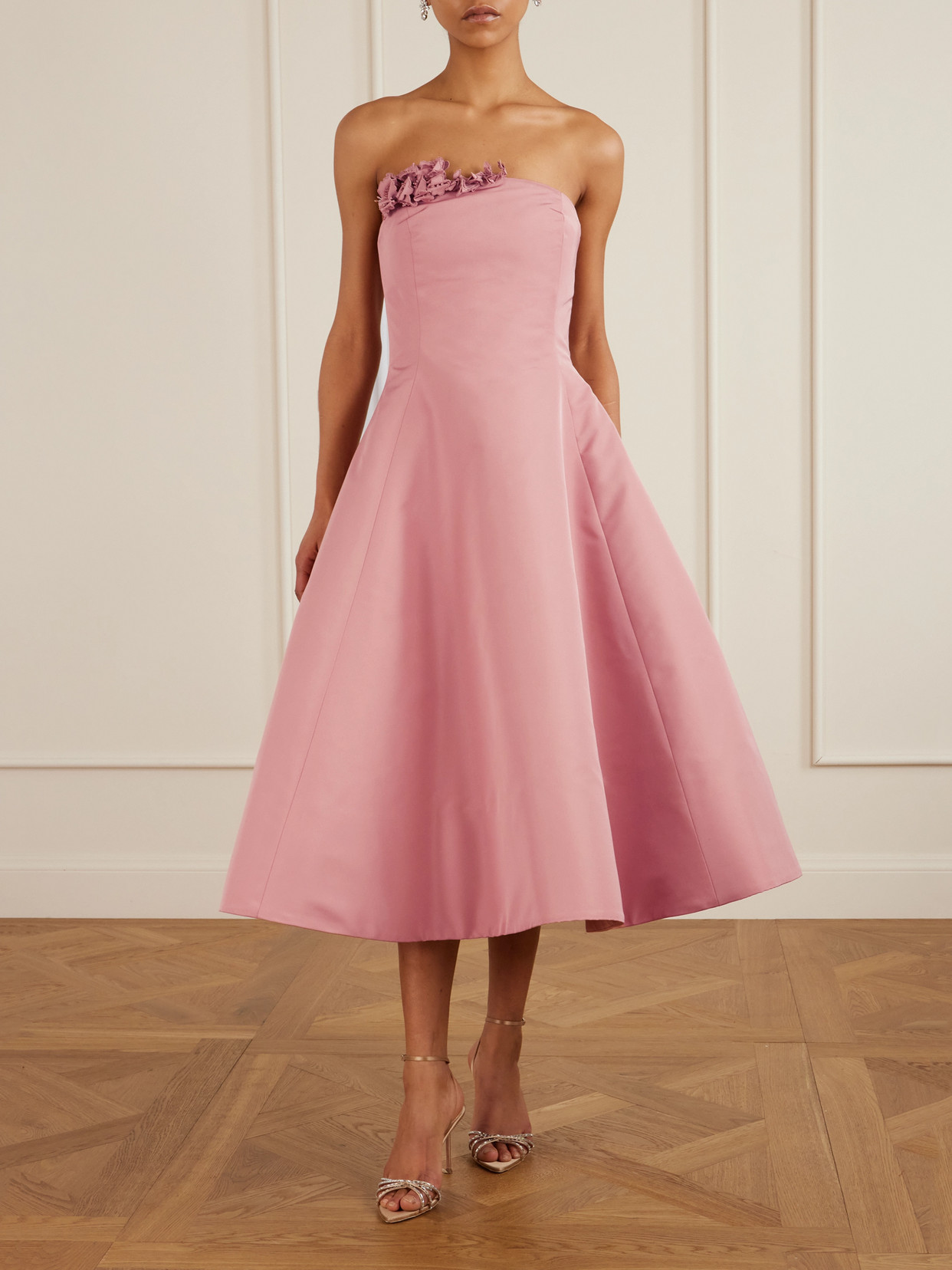 Oscar De La Renta Strapless Embellished Appliquéd Faille Midi Dress In Pink