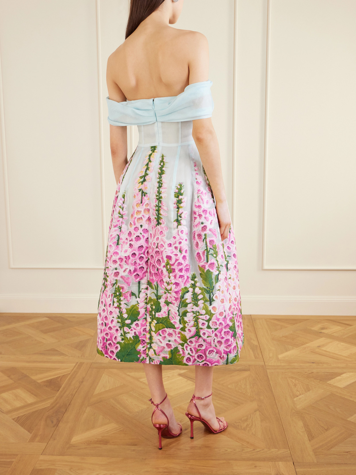 Oscar De La Renta Off-the-shoulder Floral-appliquéd Organza Midi Dress In Multi