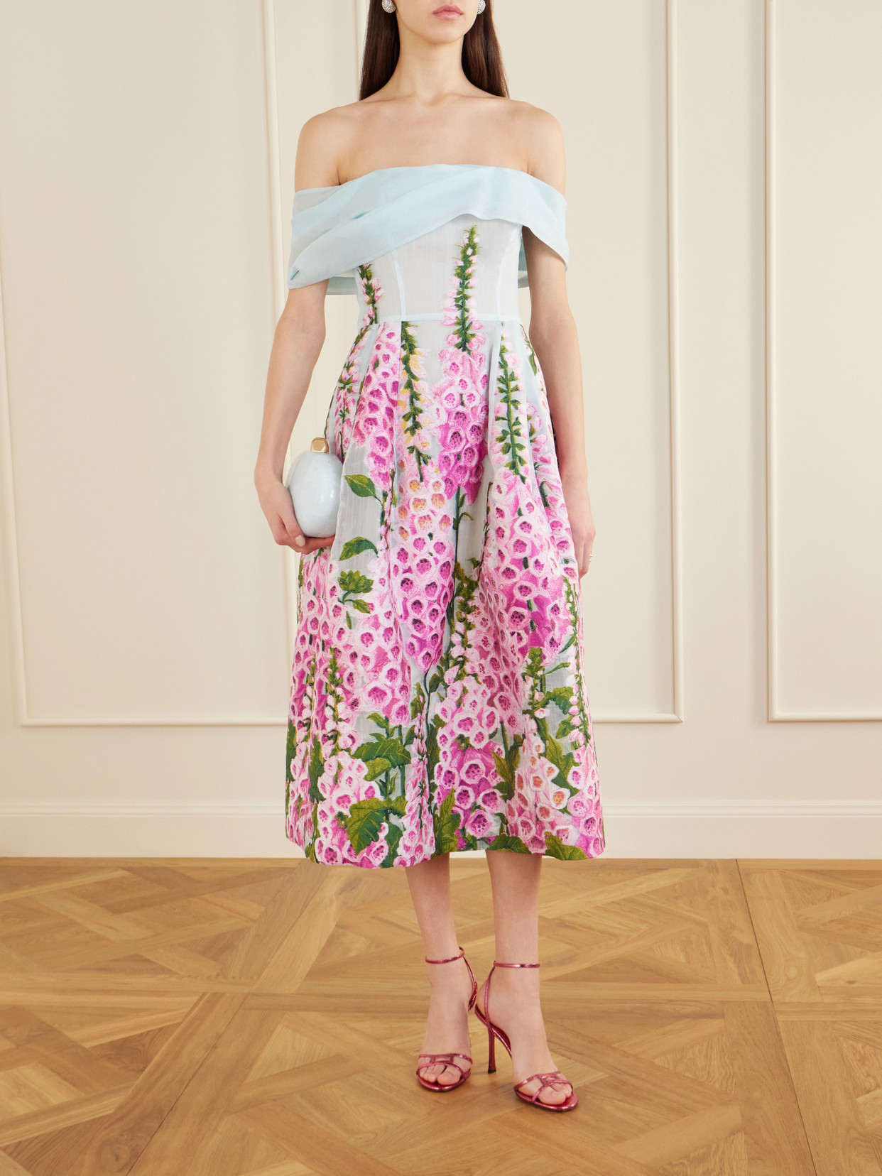 Oscar De La Renta Off-the-shoulder Floral-appliquéd Organza Midi Dress In Multi