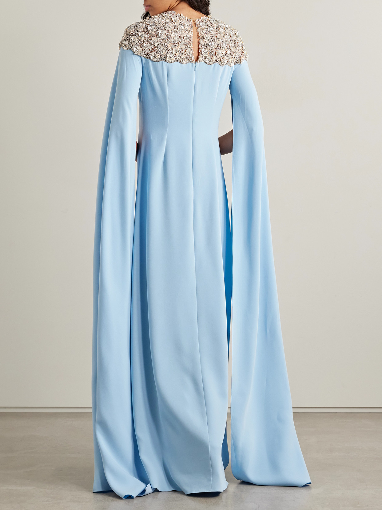 Oscar De La Renta Cape-effect Embellished Tulle-trimmed Silk-blend Georgette Gown In Blue