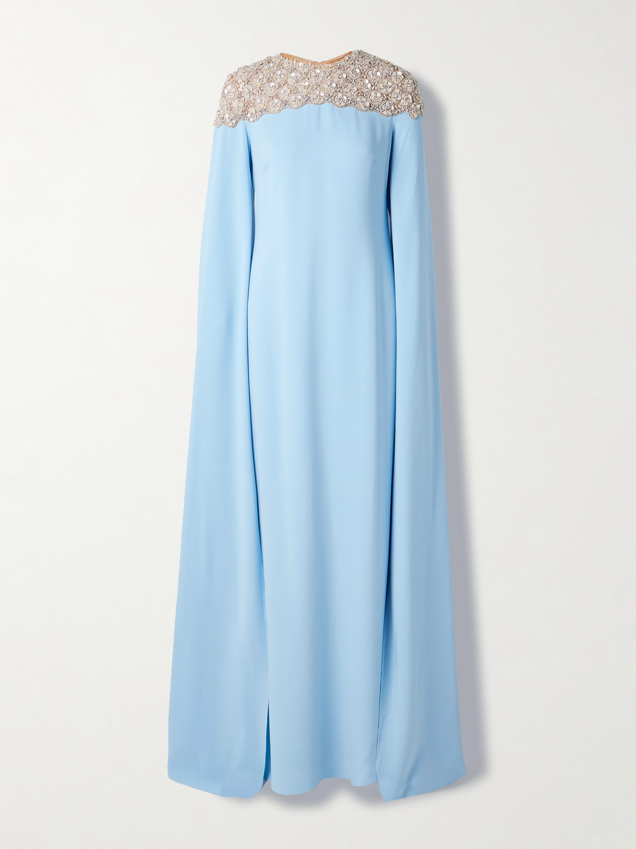 Oscar De La Renta Cape-effect Embellished Tulle-trimmed Silk-blend Georgette Gown In Blue