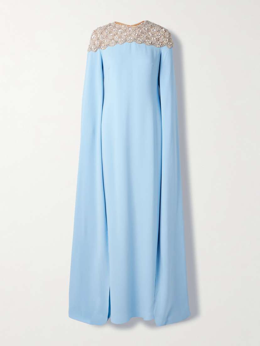 Oscar de la Renta Cape-effect Embellished Tulle-trimmed Silk-blend Georgette Gown