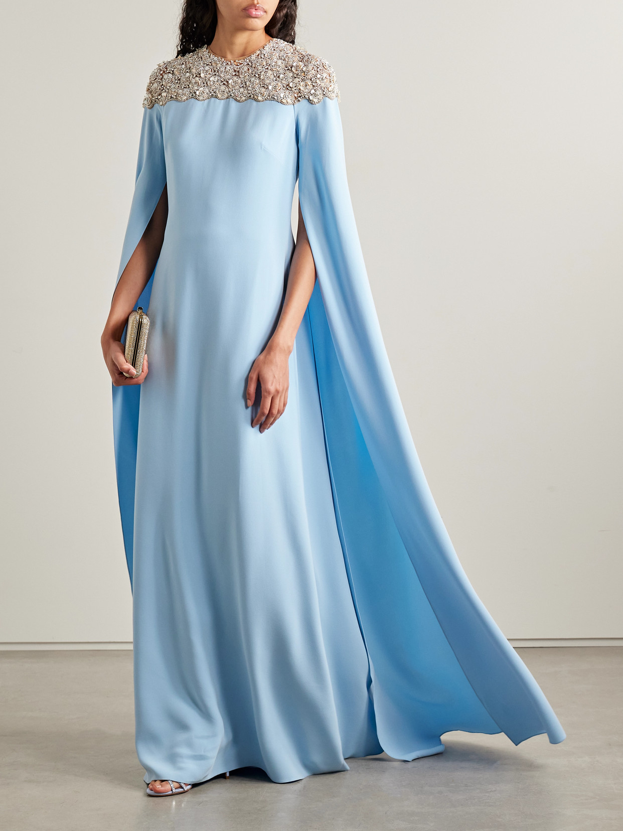 Oscar De La Renta Cape-effect Embellished Tulle-trimmed Silk-blend Georgette Gown In Blue