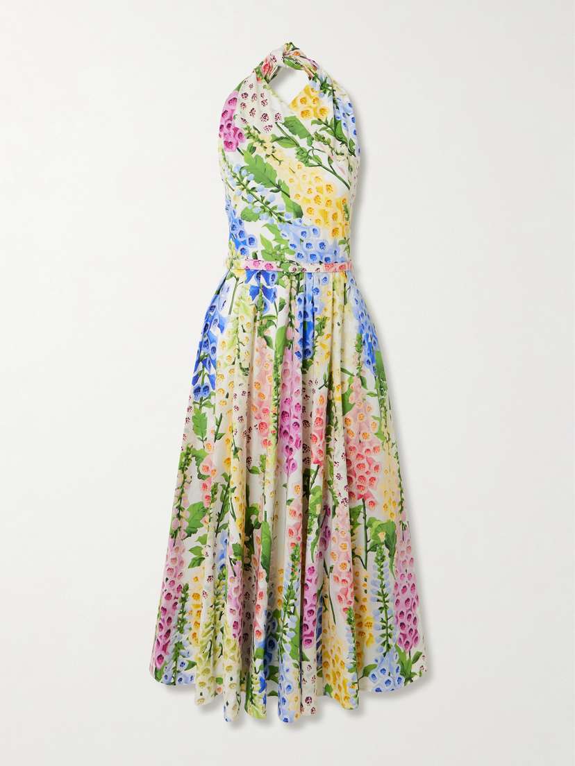 Oscar de la Renta Foxgloves Belted Floral-print Cotton-blend Poplin Midi Dress