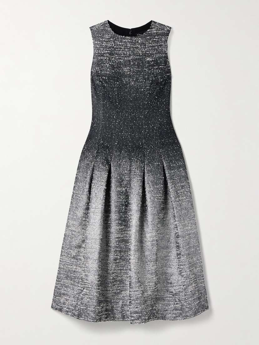 Oscar de la Renta Pleated Metallic Bouclé-tweed Midi Dress