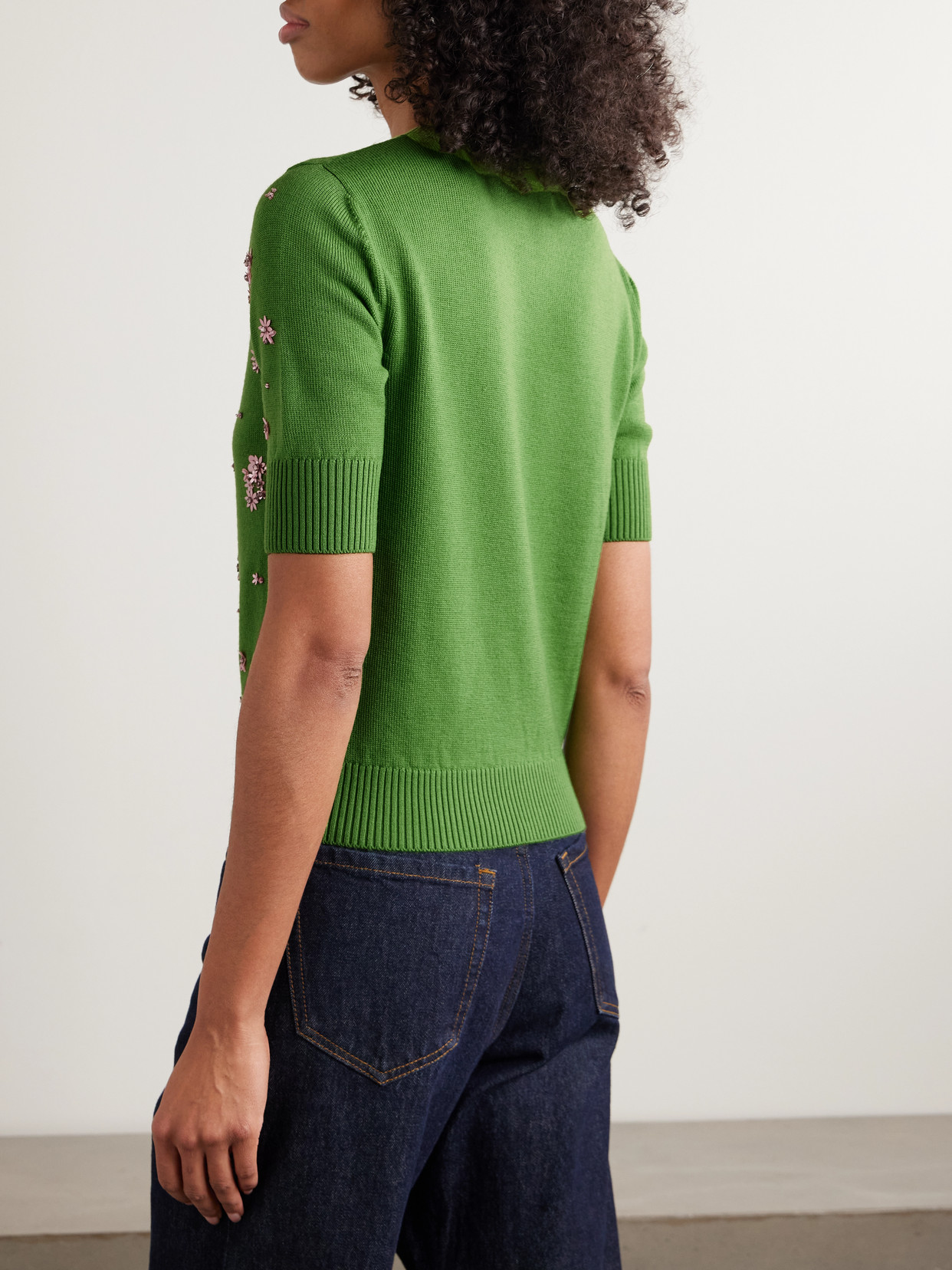 Oscar De La Renta Floral Crystal And Sequin-embellished Wool Sweater In Green