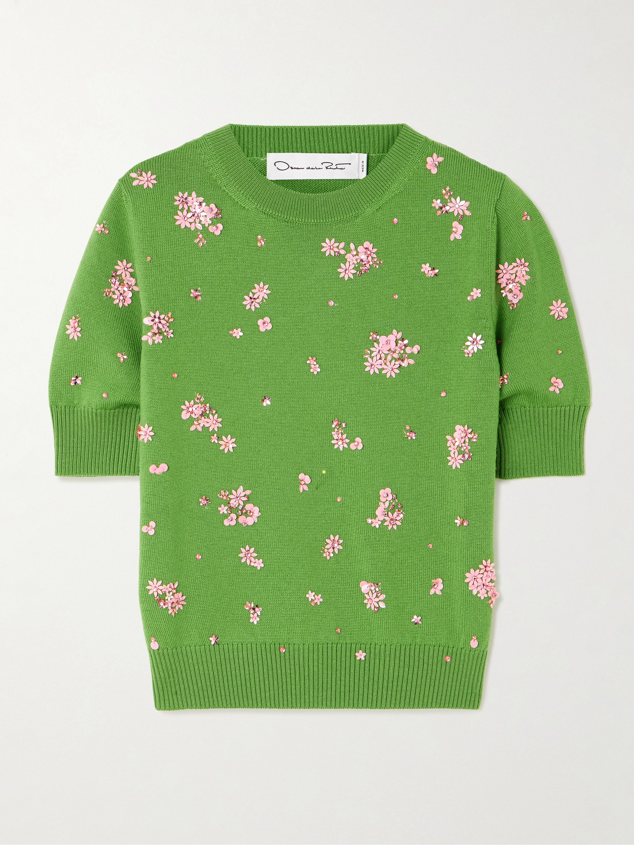 Oscar De La Renta Floral Crystal And Sequin-embellished Wool Sweater In Green