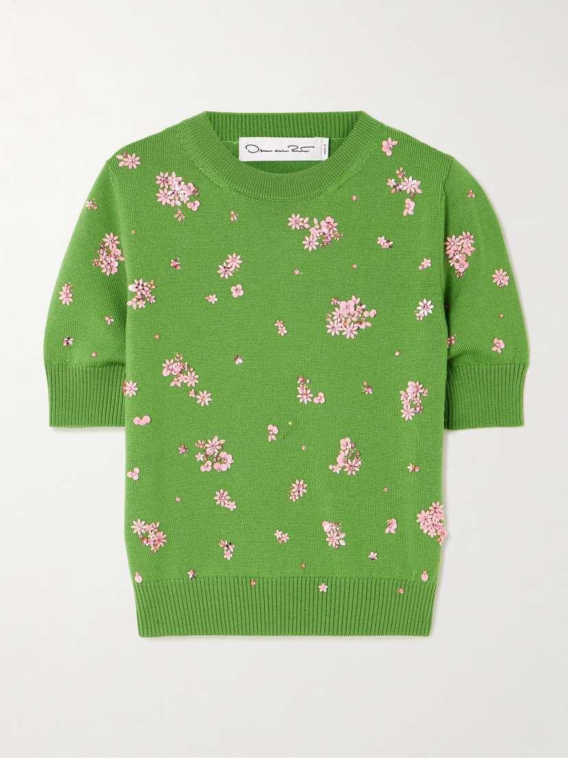 Oscar de la Renta Floral Crystal And Sequin-embellished Wool Sweater