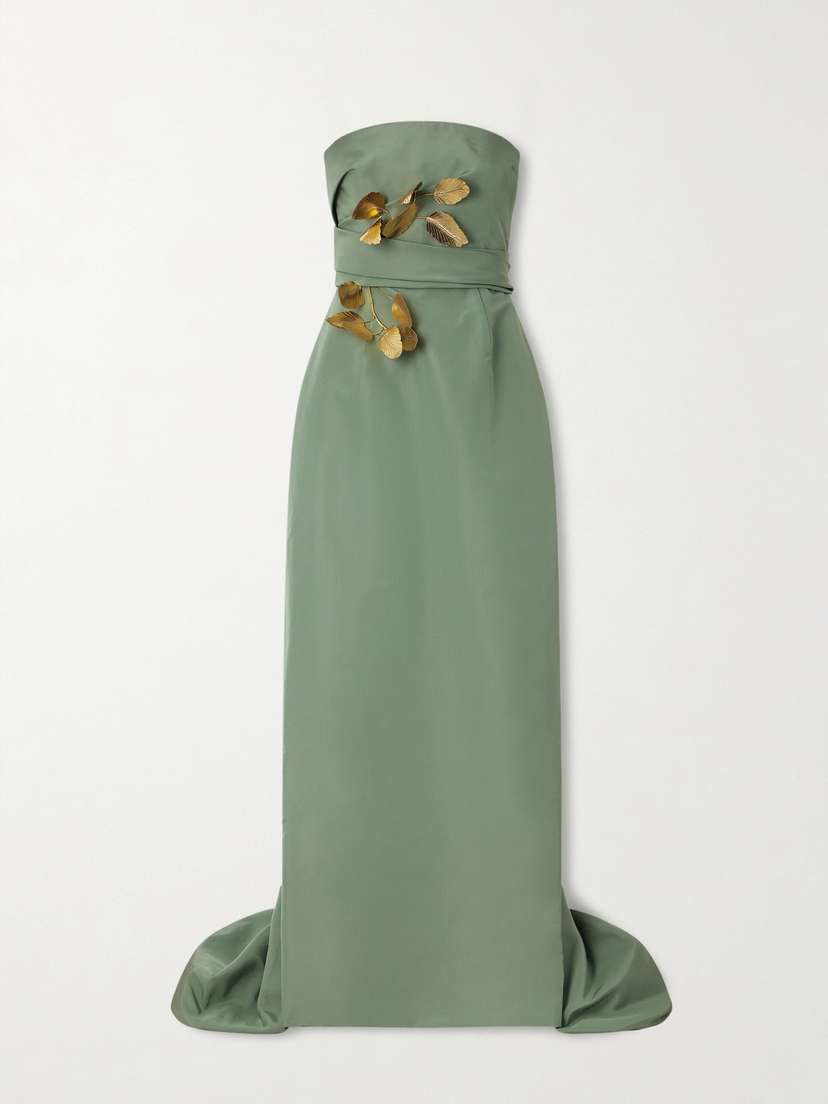 Oscar de la Renta Strapless Draped Embellished Silk-faille Gown