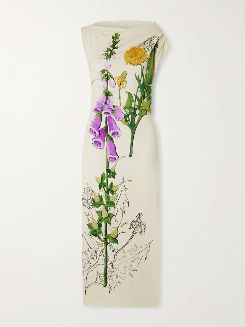 Oscar de la Renta Draped Printed Jersey Midi Dress