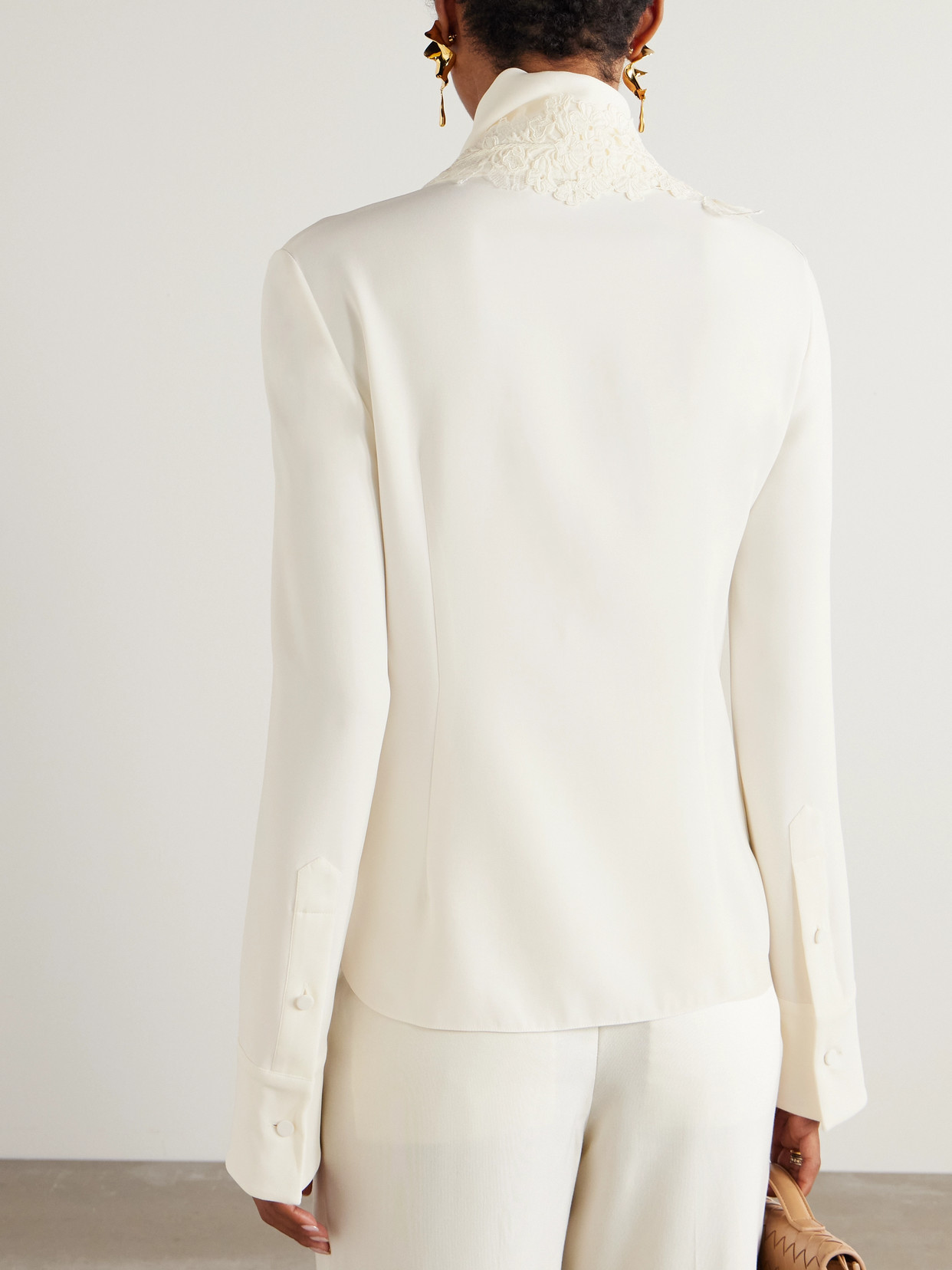 Oscar De La Renta Tie-detailed Lace-trimmed Silk-blend Georgette Blouse In White