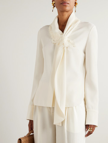 Oscar de la Renta Tie-detailed lace-trimmed silk-blend georgette blouse