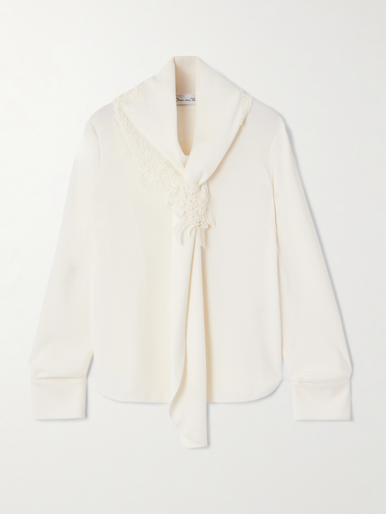 Oscar De La Renta Tie-detailed Lace-trimmed Silk-blend Georgette Blouse In White