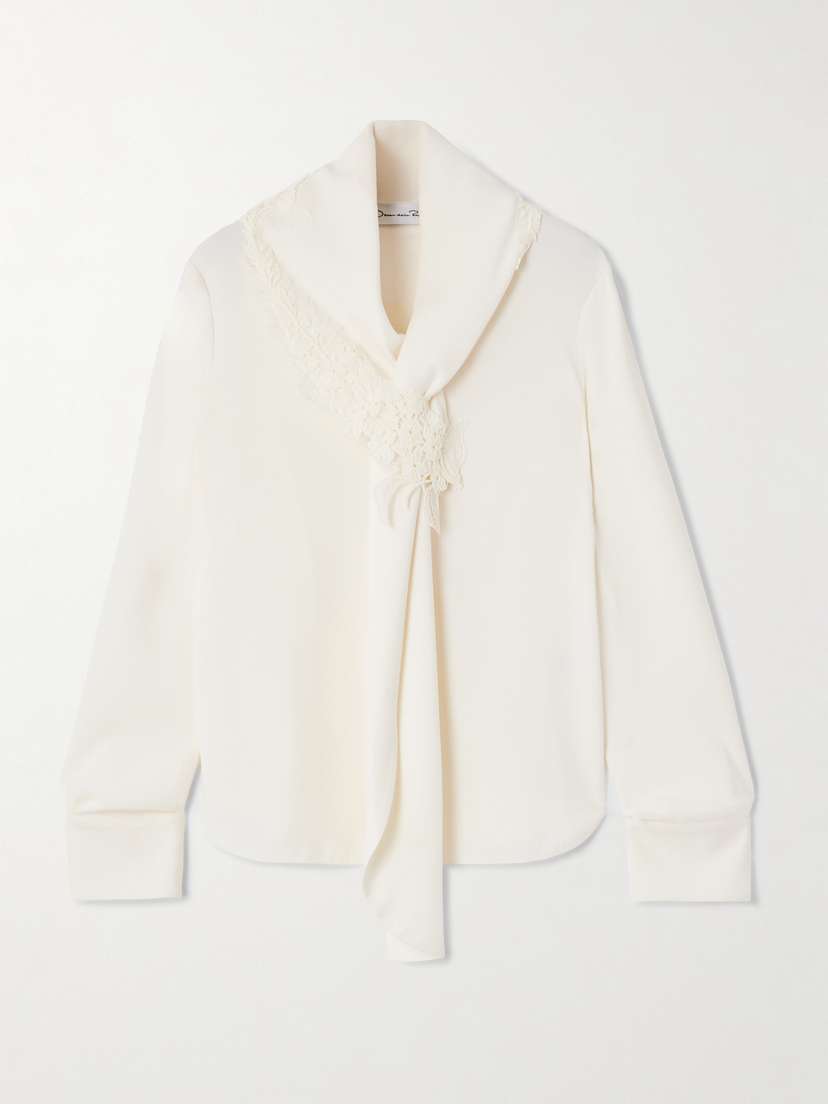 Oscar de la Renta Tie-detailed Lace-trimmed Silk-blend Georgette Blouse