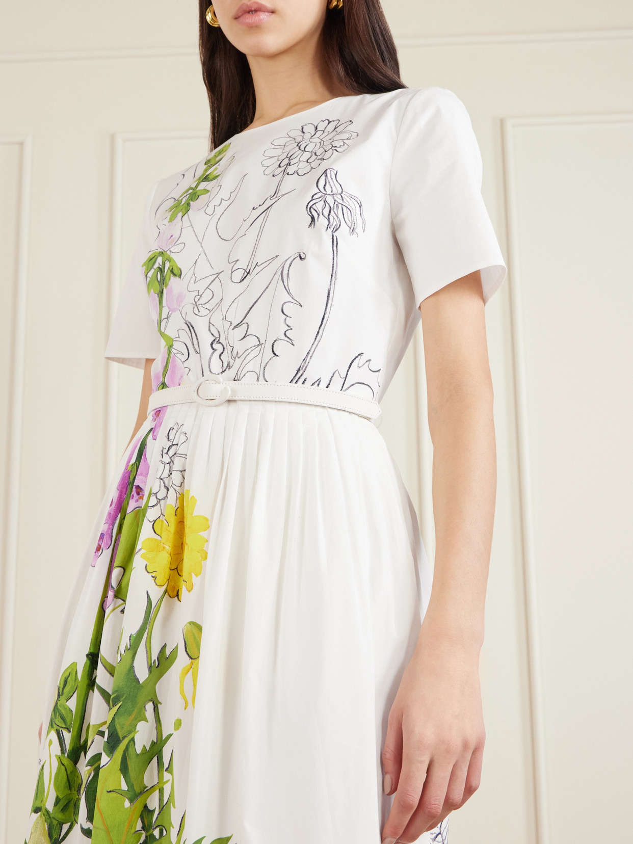 Oscar De La Renta Belted Floral-print Cotton-blend Poplin Midi Dress In White
