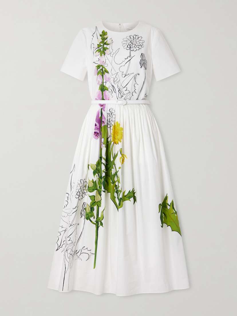 Oscar de la Renta Belted Floral-print Cotton-blend Poplin Midi Dress