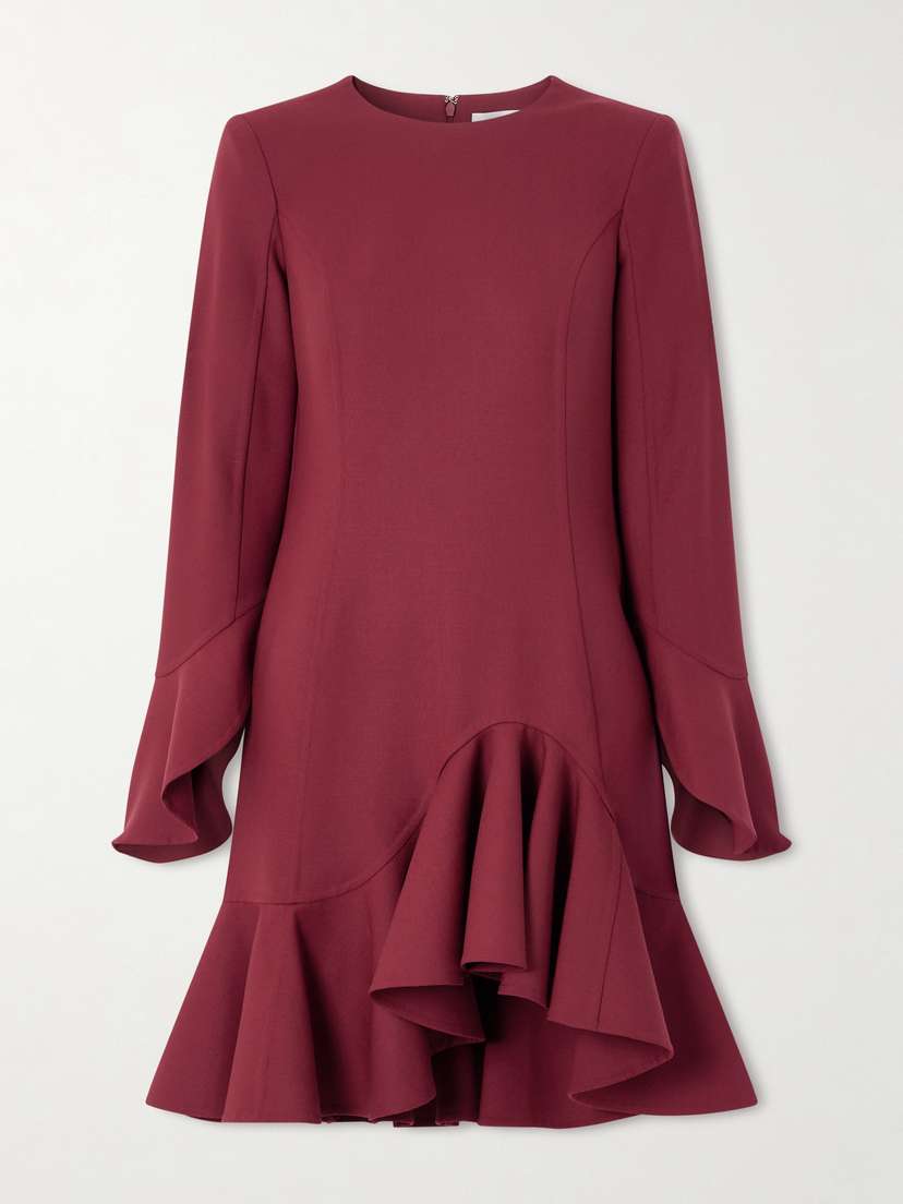 Oscar de la Renta Asymmetric Ruffled Wool-blend Crepe Midi Dress