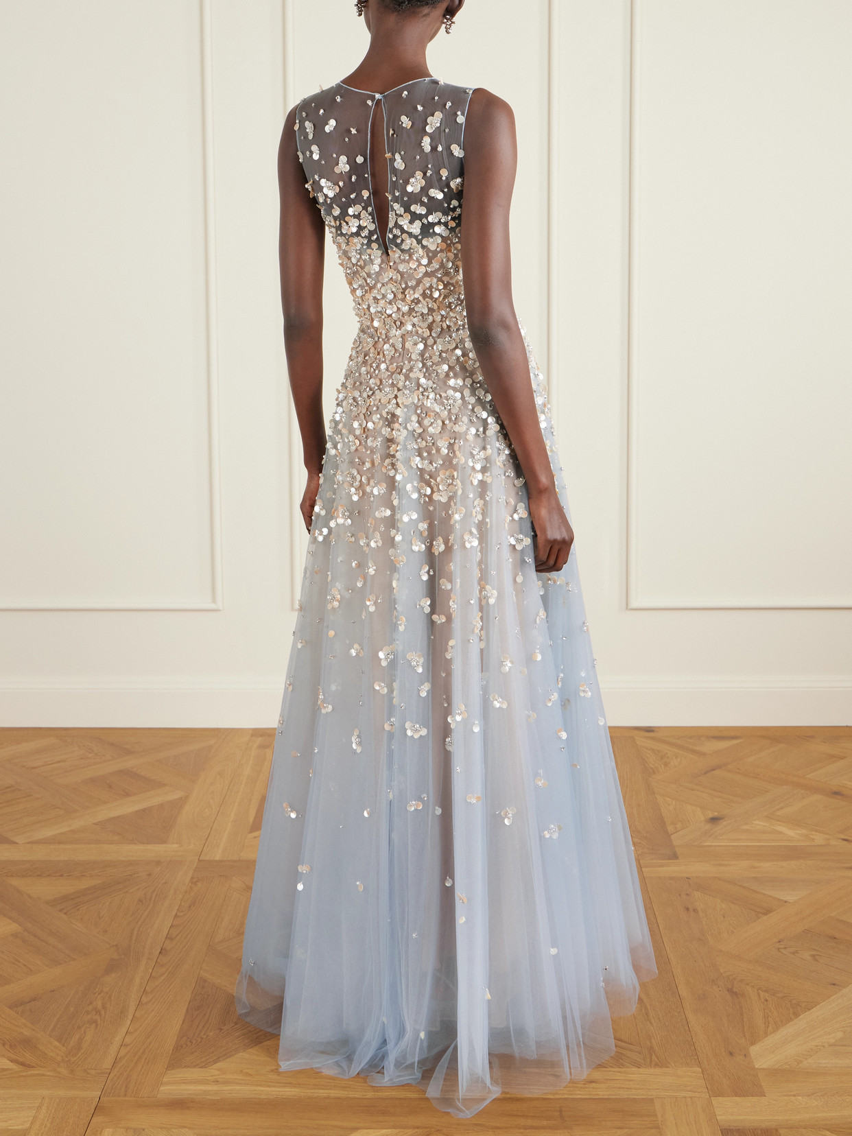 Oscar De La Renta Embroidered Tulle Gown In Blue
