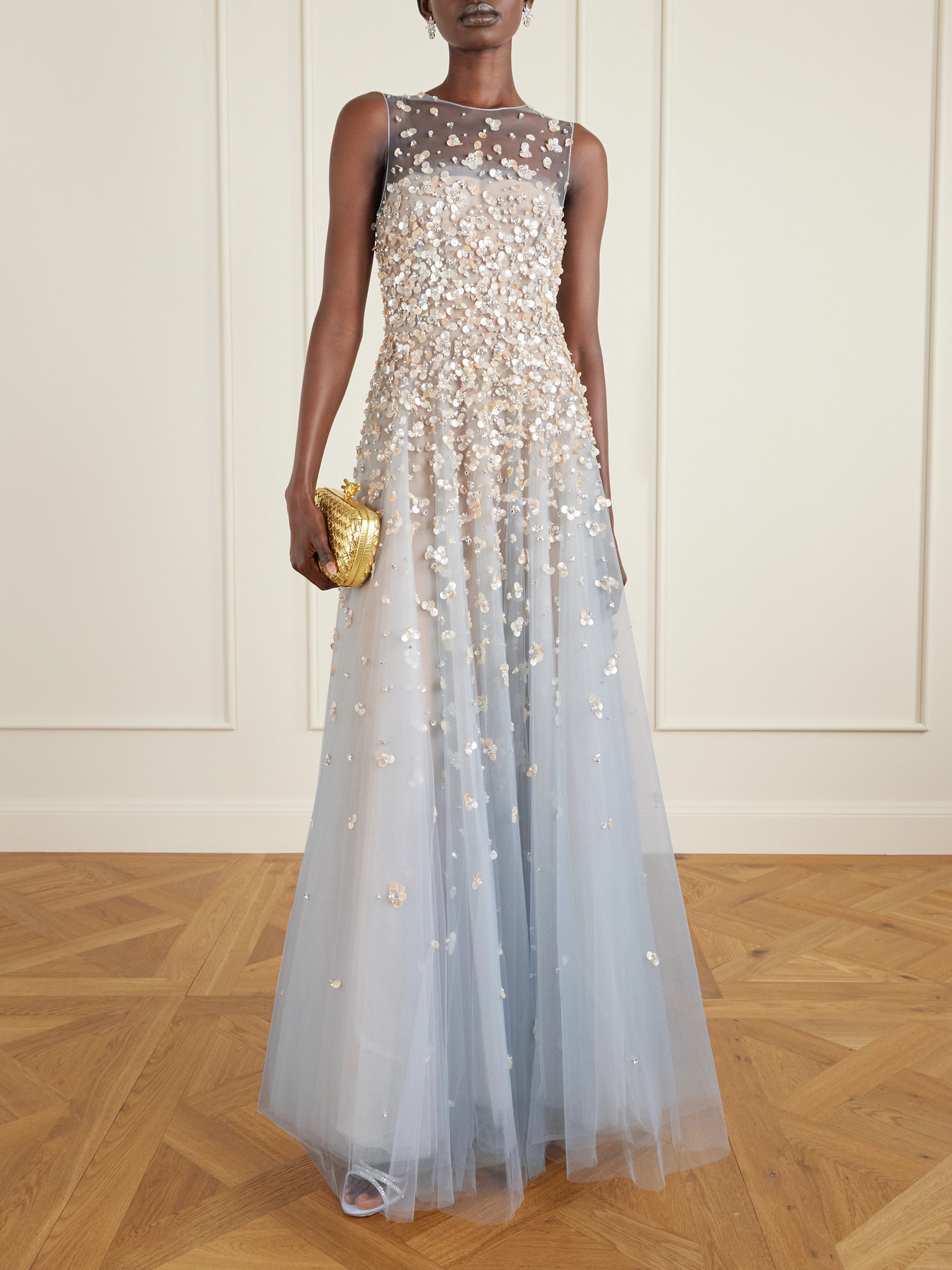 Oscar De La Renta Embroidered Tulle Gown In Blue