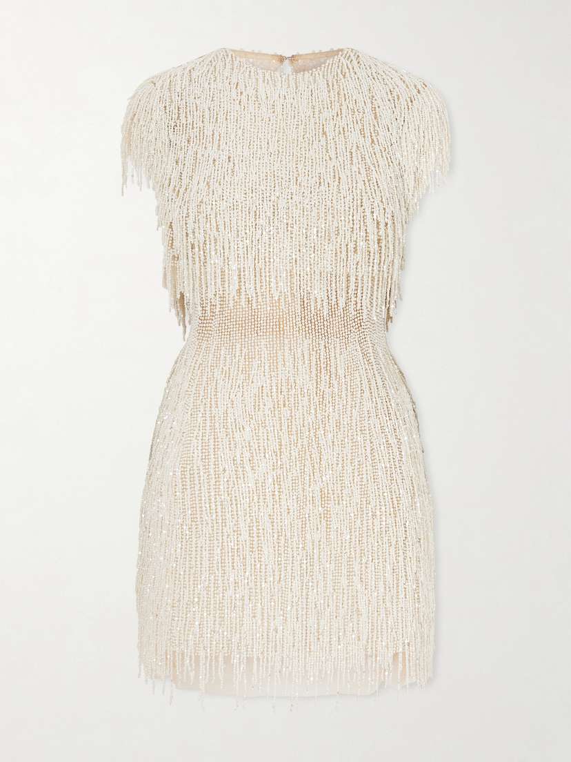 Oscar de la Renta Embellished Fringed Mesh Mini Dress