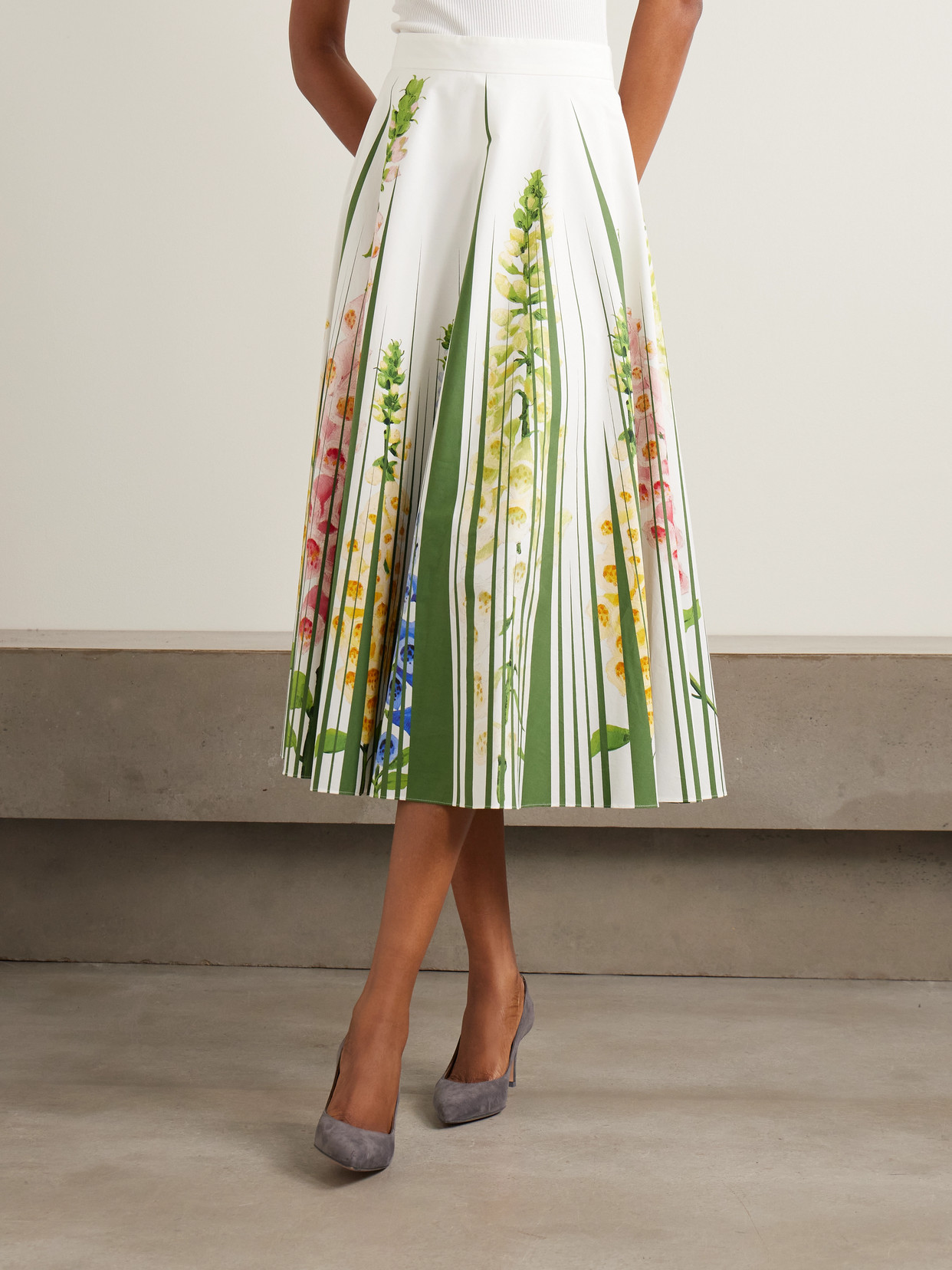 Oscar De La Renta Foxgloves Floral-print Cotton-blend Poplin Midi Skirt In Green