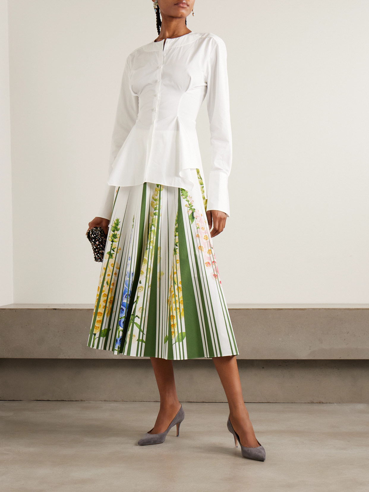 Oscar De La Renta Foxgloves Floral-print Cotton-blend Poplin Midi Skirt In Green