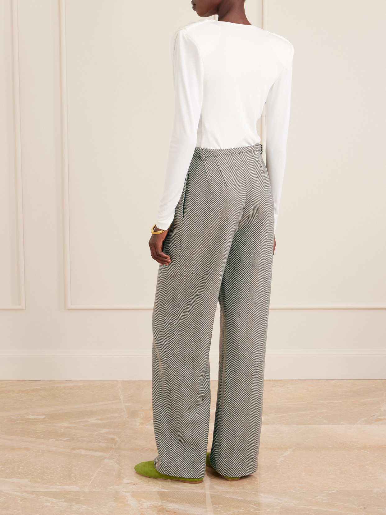 Oscar De La Renta Belted Herringbone Wool And Cashmere-blend Wide-leg Pants In Gray