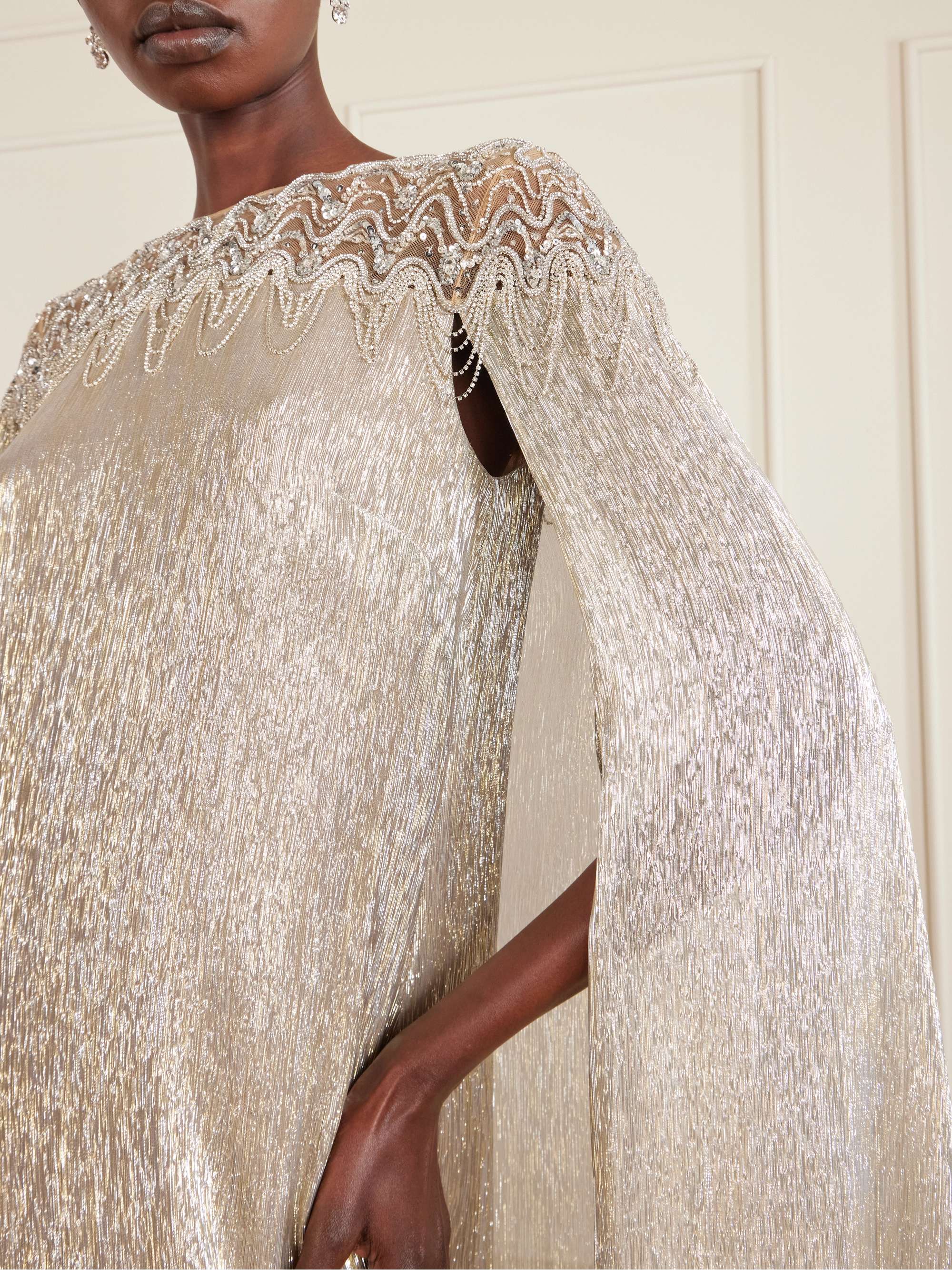 OSCAR DE LA RENTA Cape-effect crystal and sequin-embellished tulle-trimmed lam  gown | NET-A-PORTER