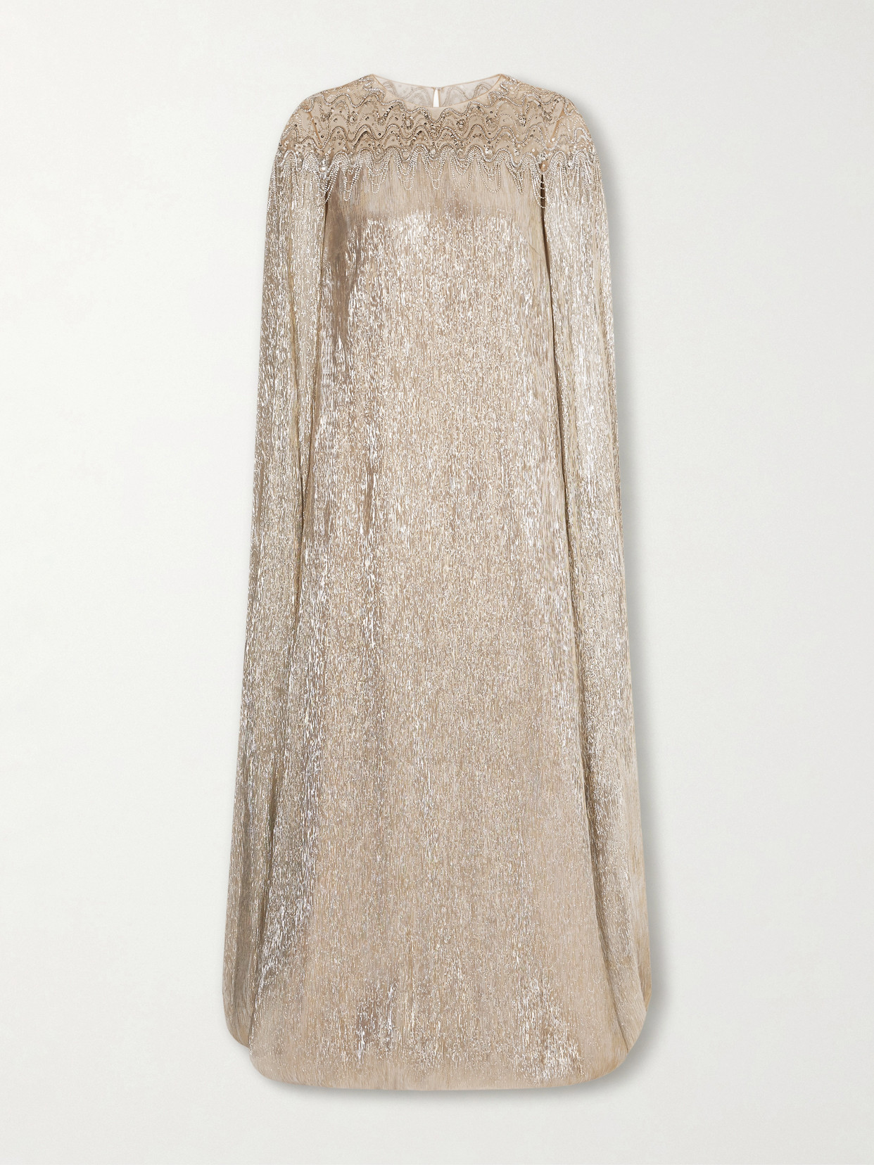 Oscar De La Renta Cape-effect Crystal And Sequin-embellished Tulle-trimmed Lamé Gown In Silver
