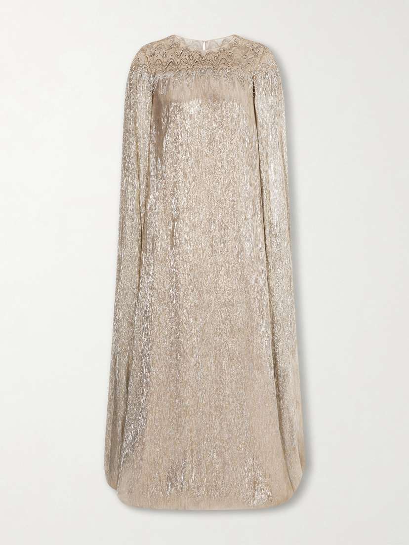 Oscar de la Renta Cape-effect Crystal And Sequin-embellished Tulle-trimmed Lamé Gown