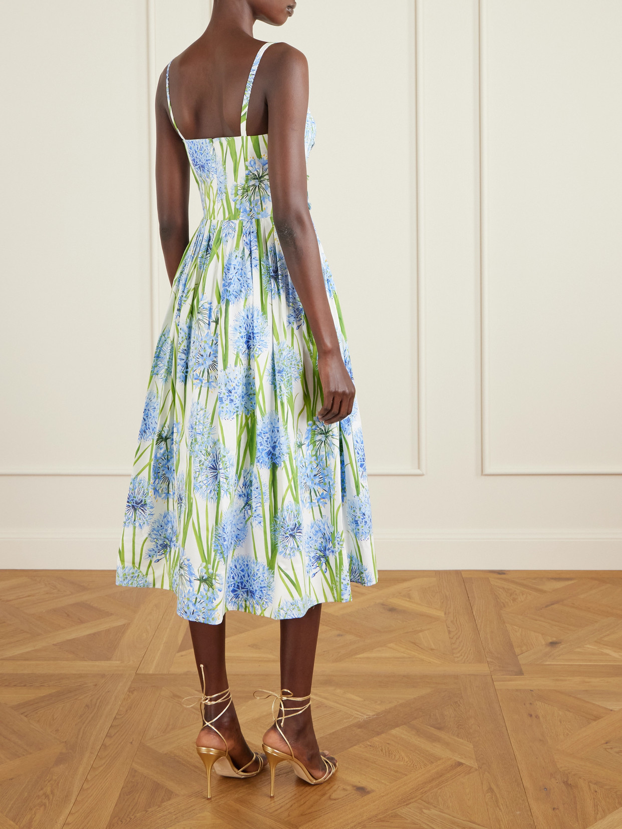 Oscar De La Renta Pleated Floral-print Cotton-blend Poplin Midi Dress In Blue