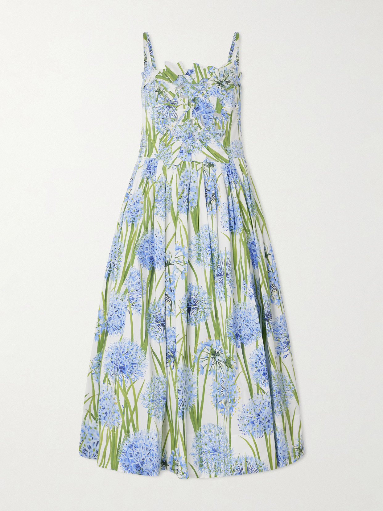 Oscar De La Renta Pleated Floral-print Cotton-blend Poplin Midi Dress In Blue