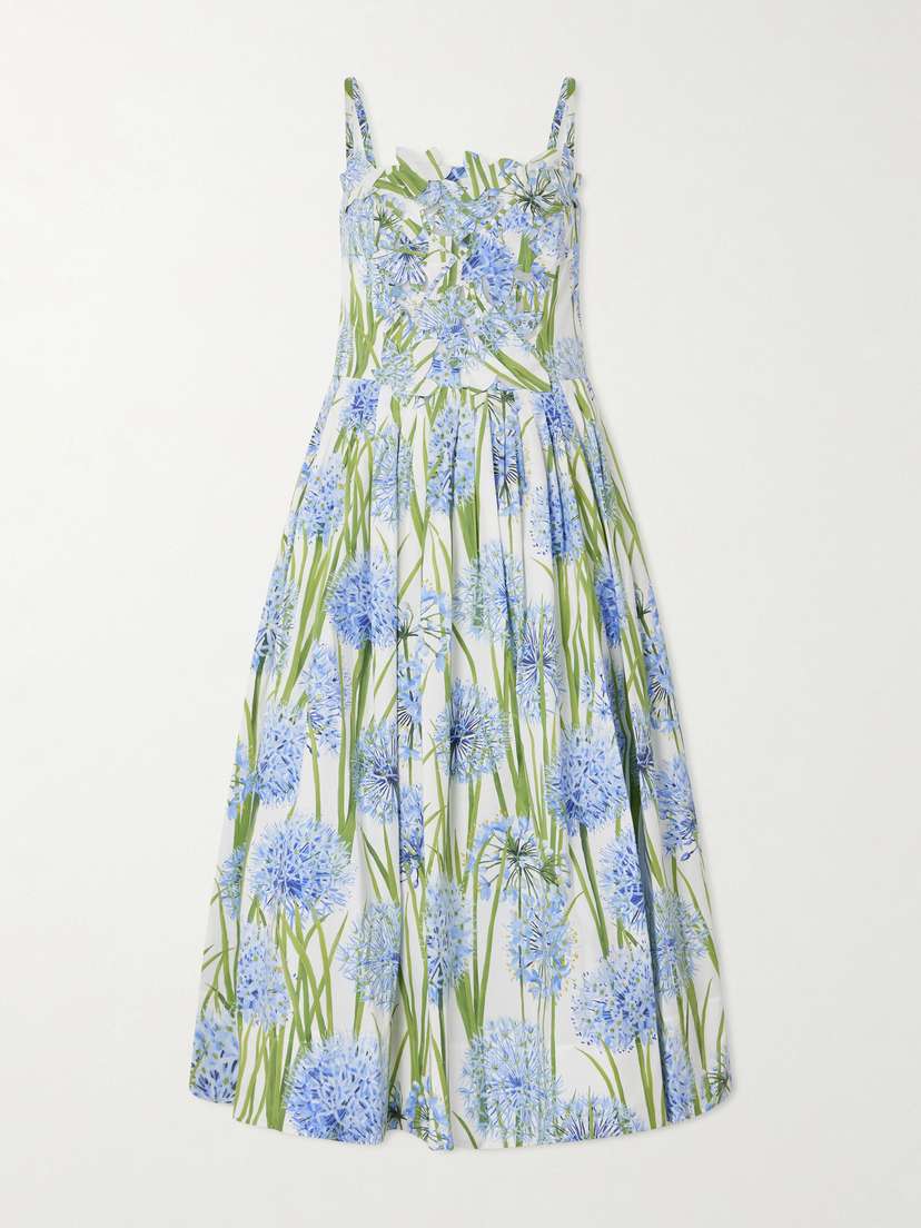 Oscar de la Renta Pleated Floral-print Cotton-blend Poplin Midi Dress