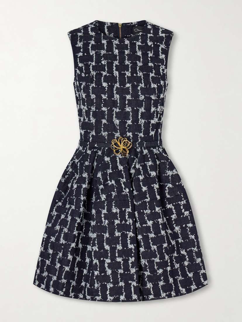 Oscar de la Renta Belted Frayed Checked Denim Mini Dress