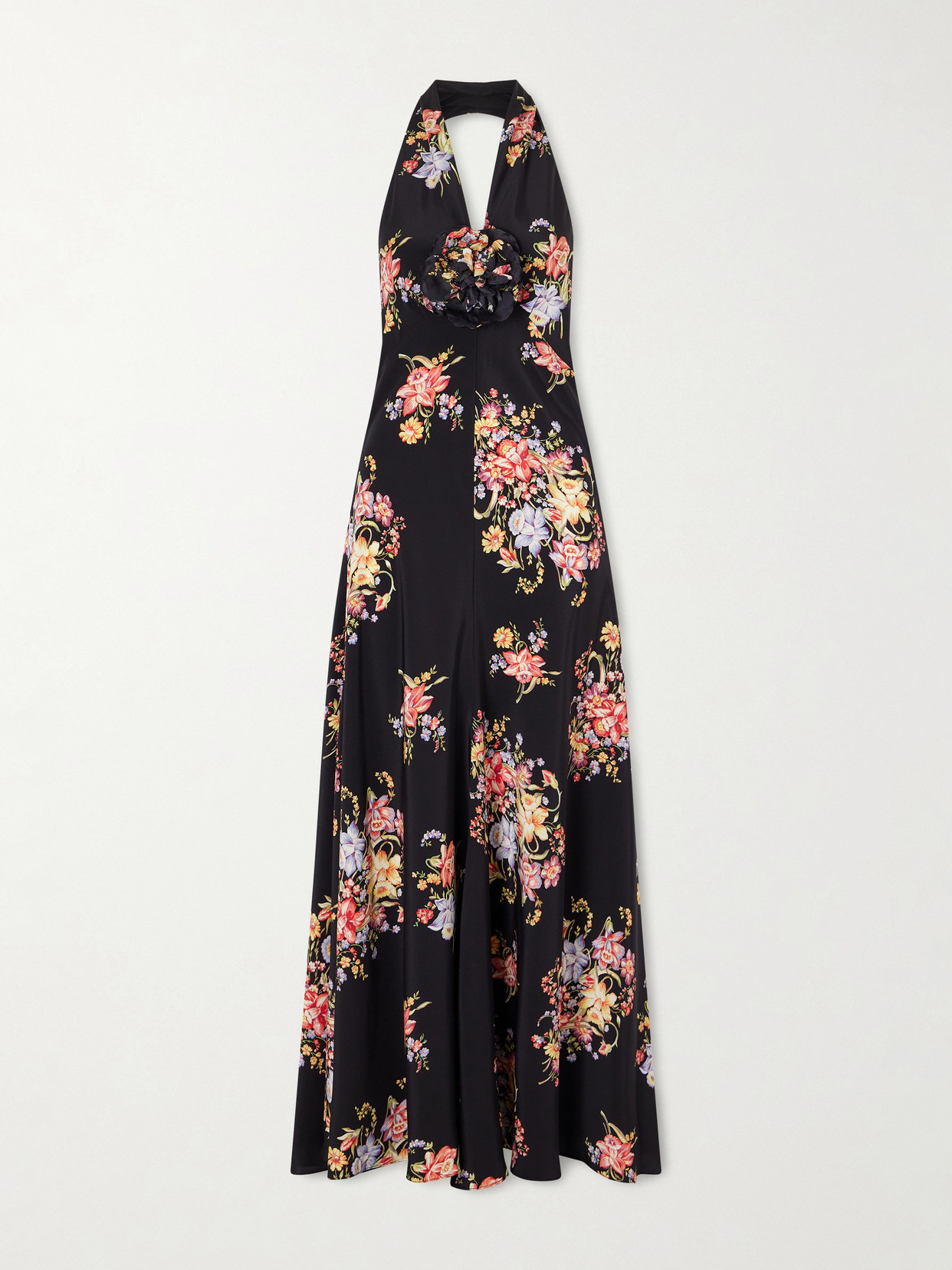 Rodarte Floral-print Silk-crepe Halterneck Gown In Black