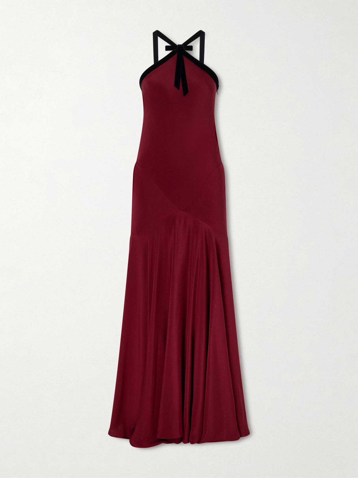 Rodarte Bow-detailed Velvet-trimmed Silk-crepe Gown In Burgundy