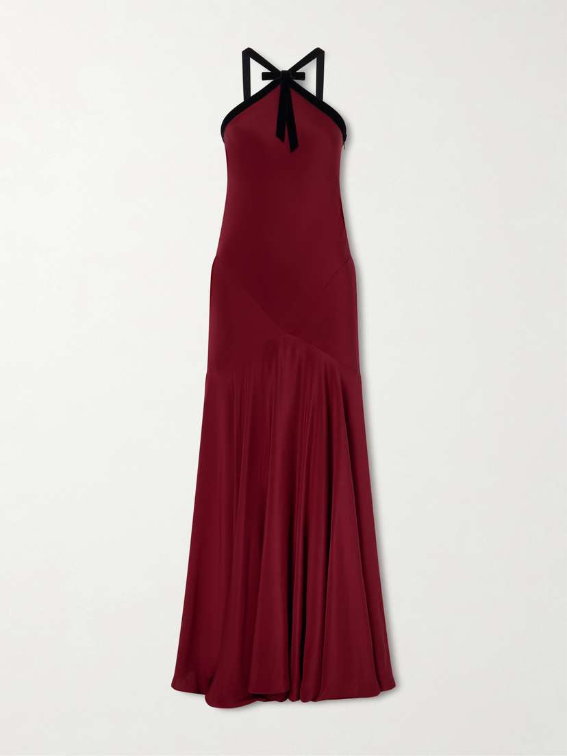 Rodarte Bow-detailed Velvet-trimmed Silk-crepe Gown