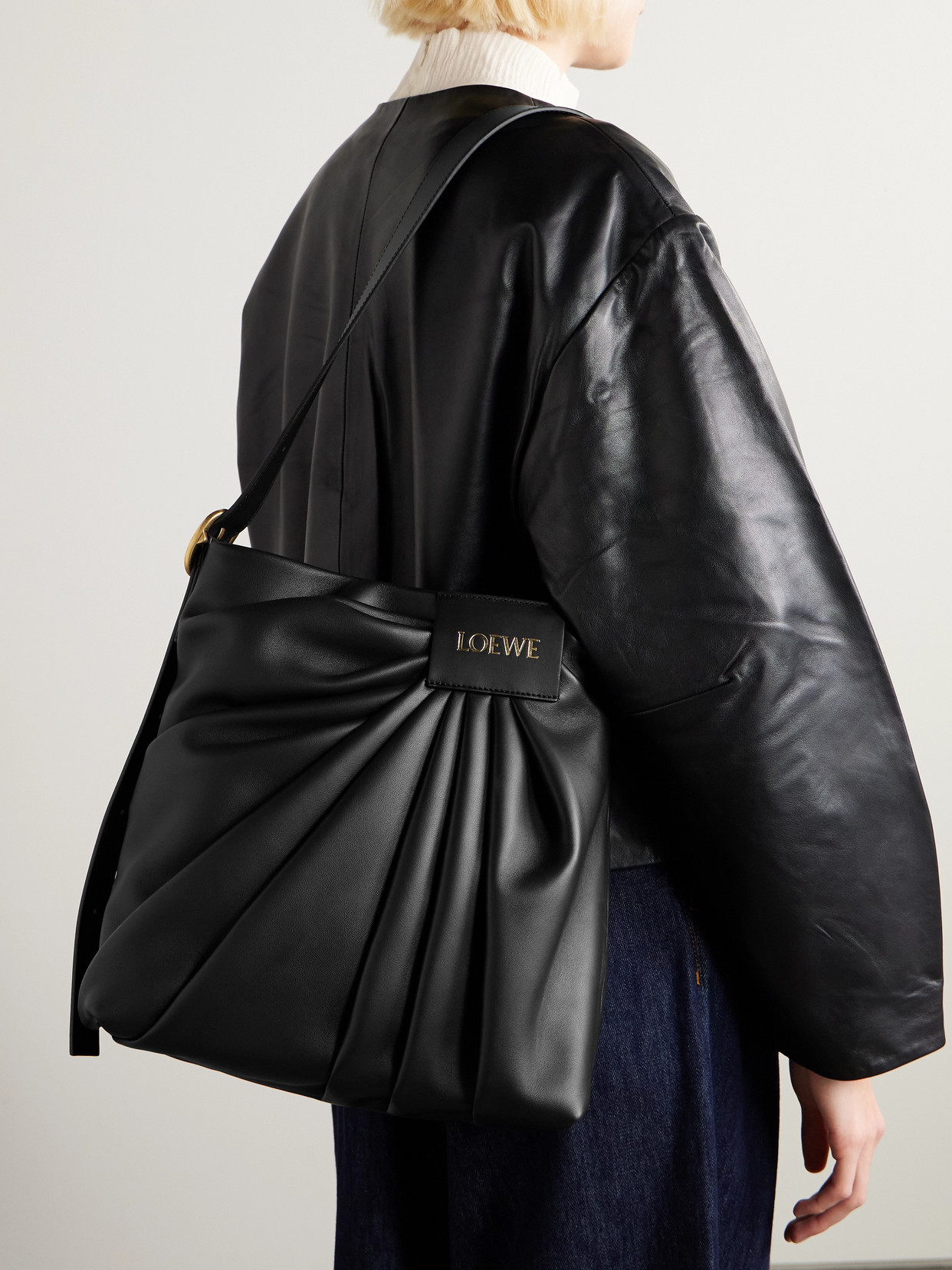 Loewe Featherlight Gathered Leather Tote In Black