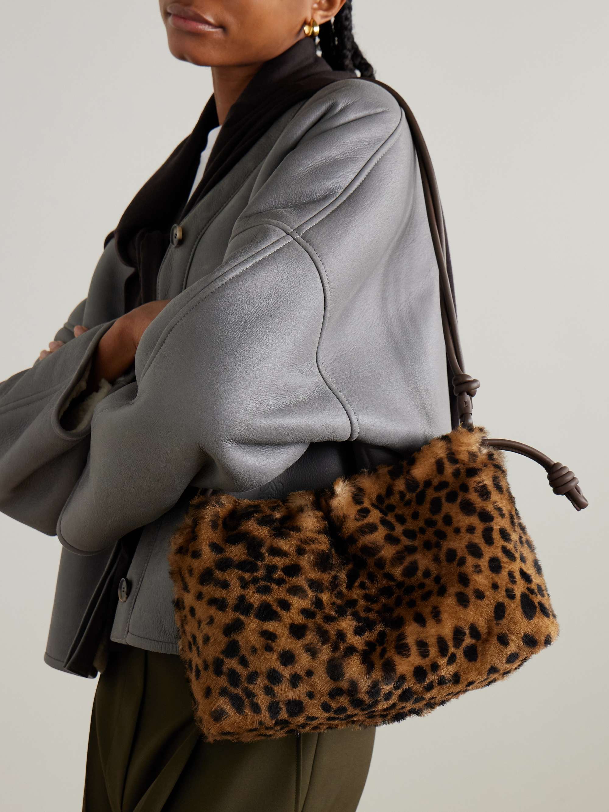 LOEWE Flamenco medium leather-trimmed leopard-print shearling