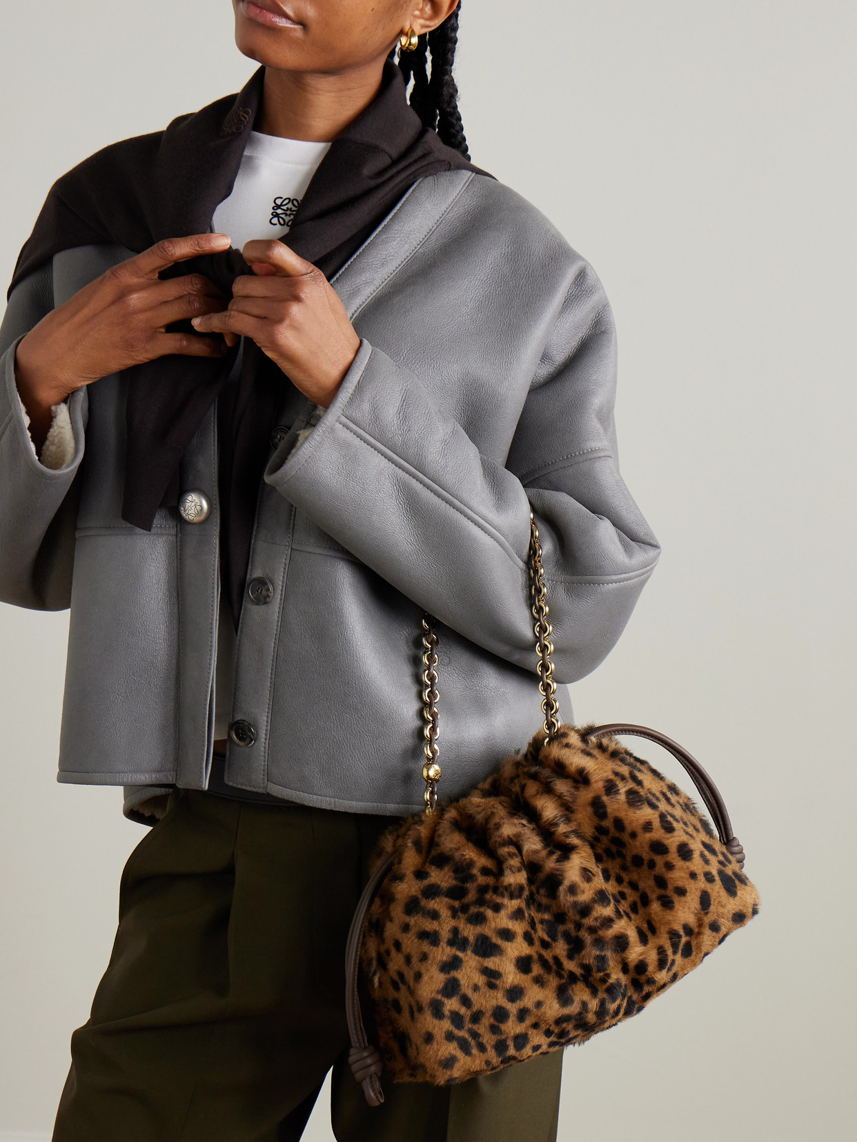 Loewe Flamenco Medium Leather-trimmed Leopard-print Shearling Clutch In Multi