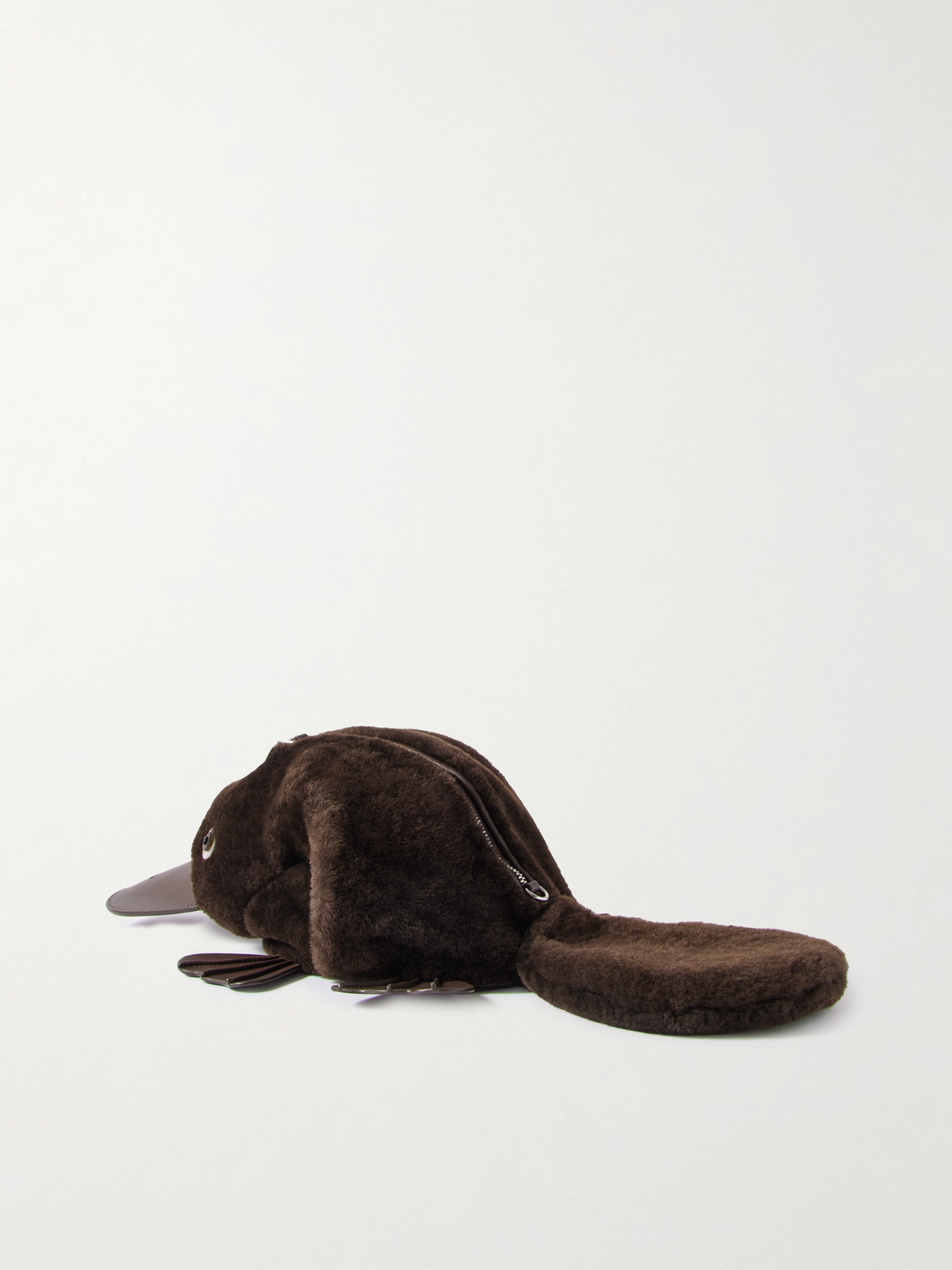 Loewe Platypus Leather-trimmed Shearling Clutch In Brown