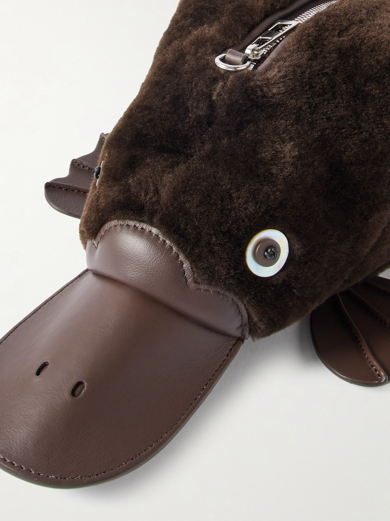 Loewe Platypus Leather-trimmed Shearling Clutch In Brown