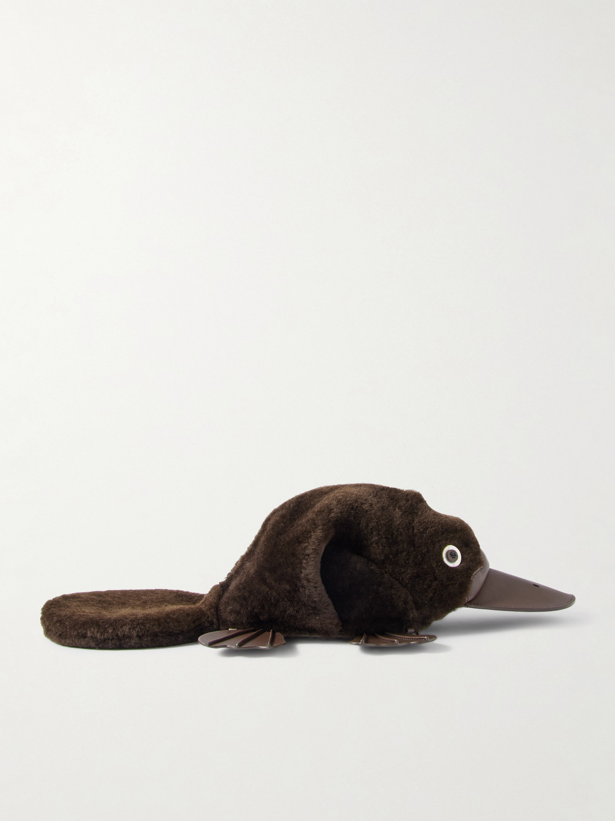 Loewe Platypus Leather-trimmed Shearling Clutch In Brown
