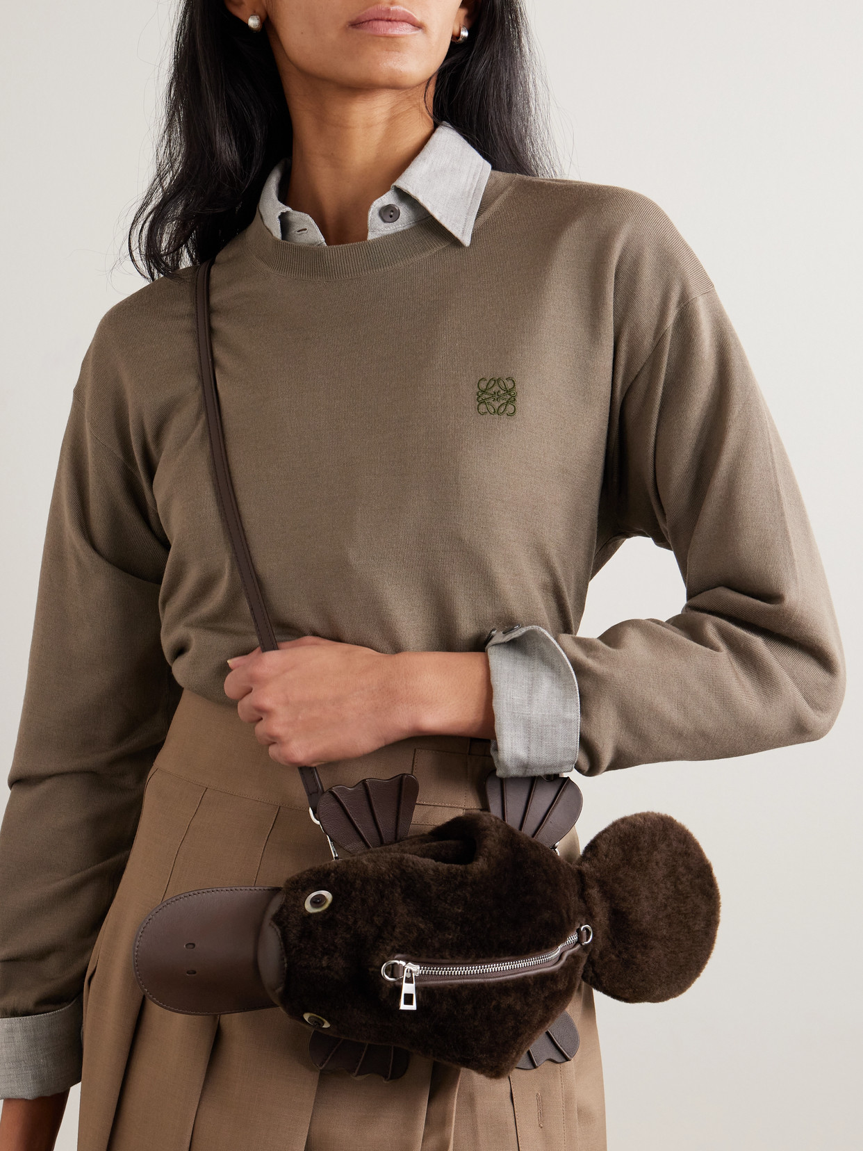 Loewe Platypus Leather-trimmed Shearling Clutch In Brown