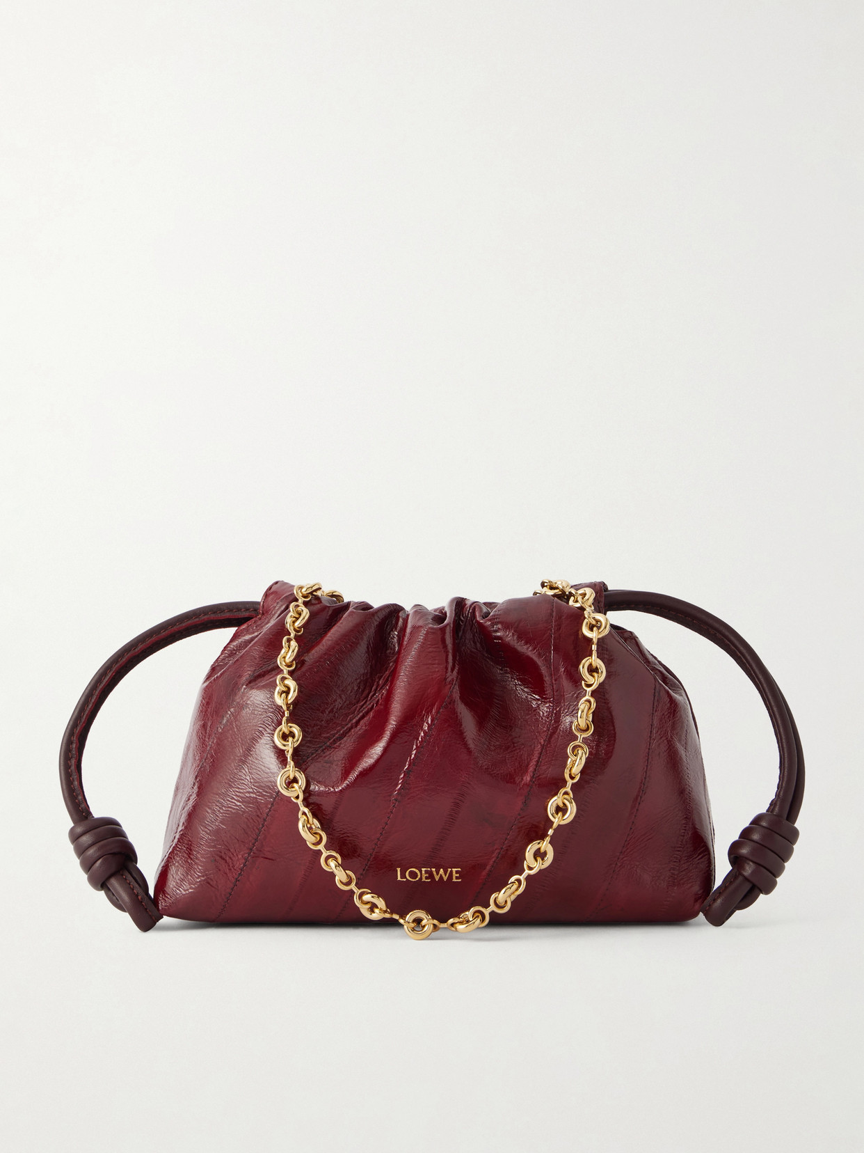 Loewe Flamenco Mini Leather-trimmed Crinkled-eel Clutch In Burgundy