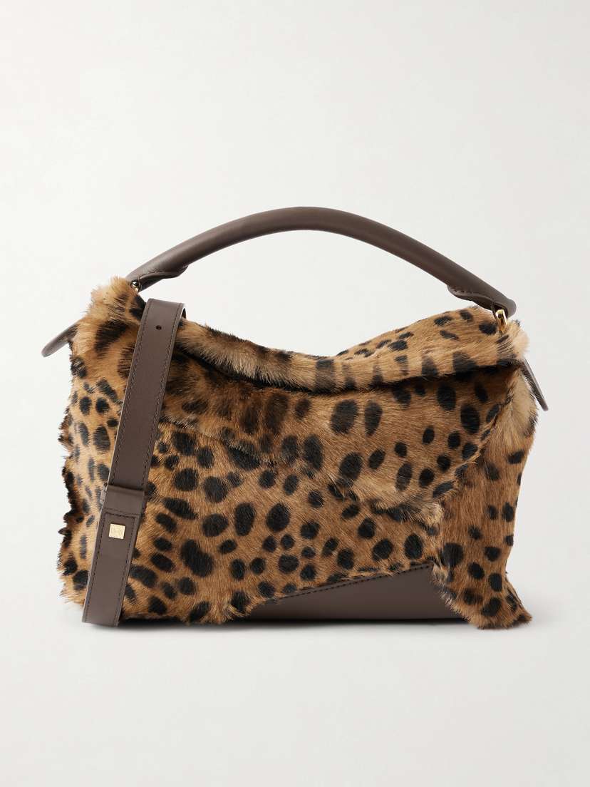 Loewe Puzzle Edge Small Leather-trimmed Leopard-print Shearling Shoulder Bag