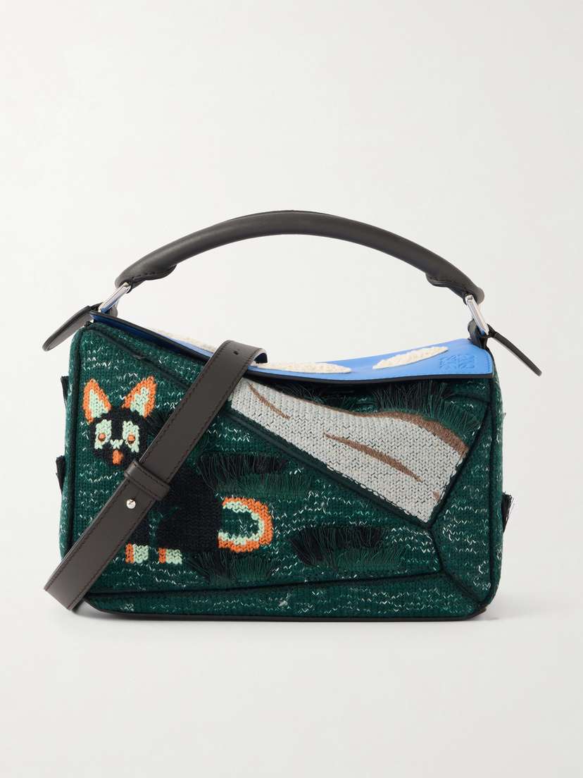Loewe + Luis Wain Puzzle Futurist Cat Appliquéd Leather And Knitted Shoulder Bag