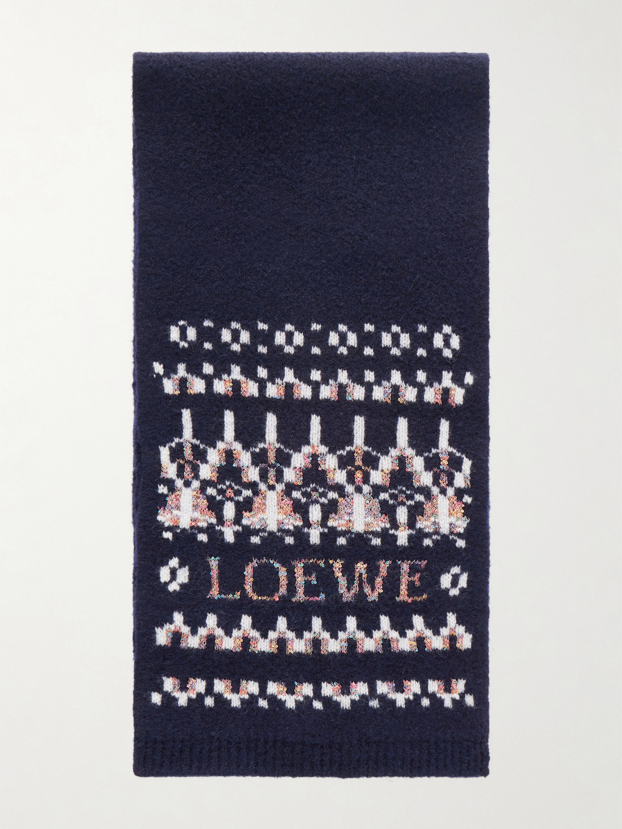 Loewe Sequin-embellished Fair Isle Wool-blend Scarf In Blue