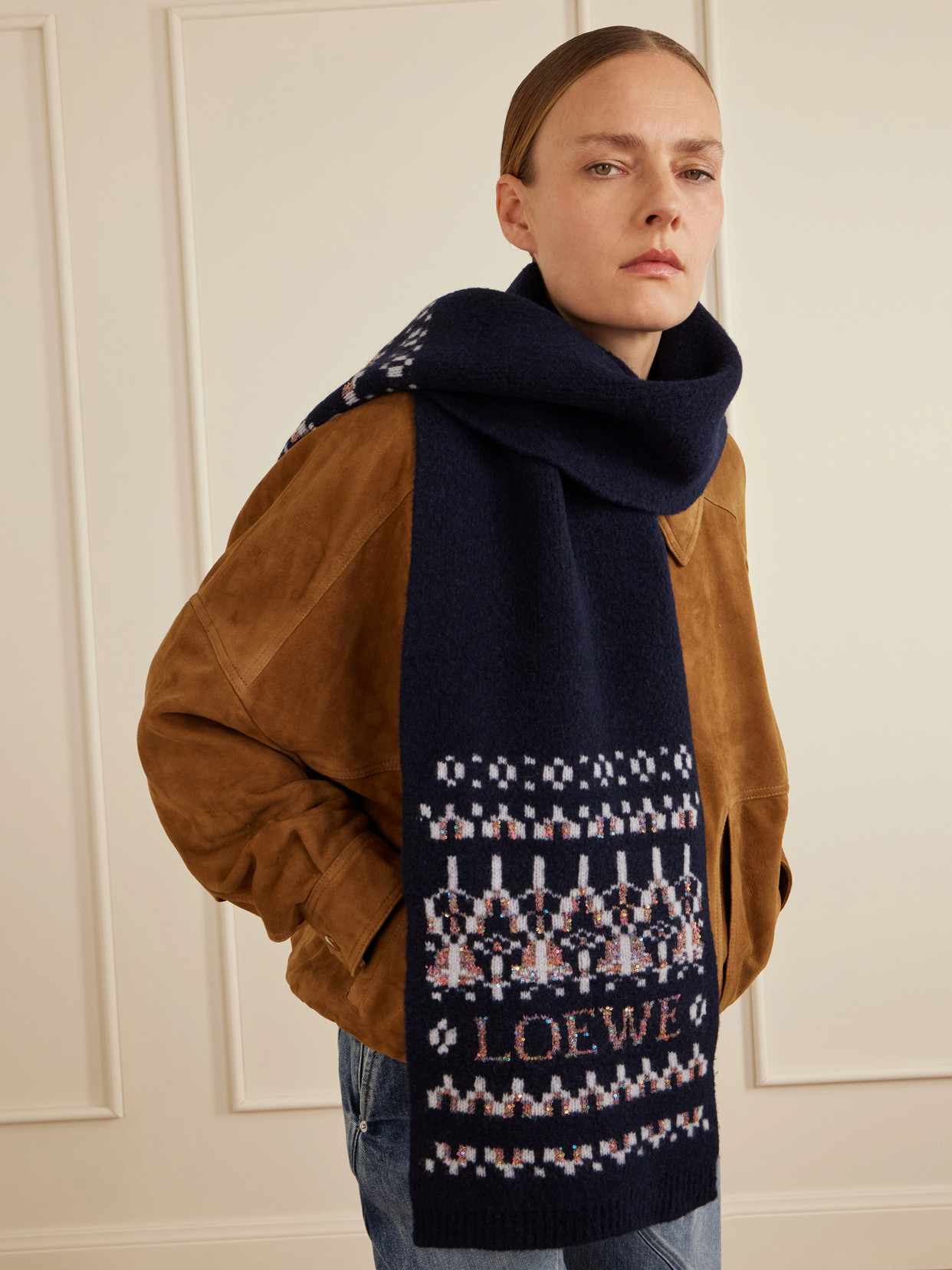Loewe Sequin-embellished Fair Isle Wool-blend Scarf In Blue