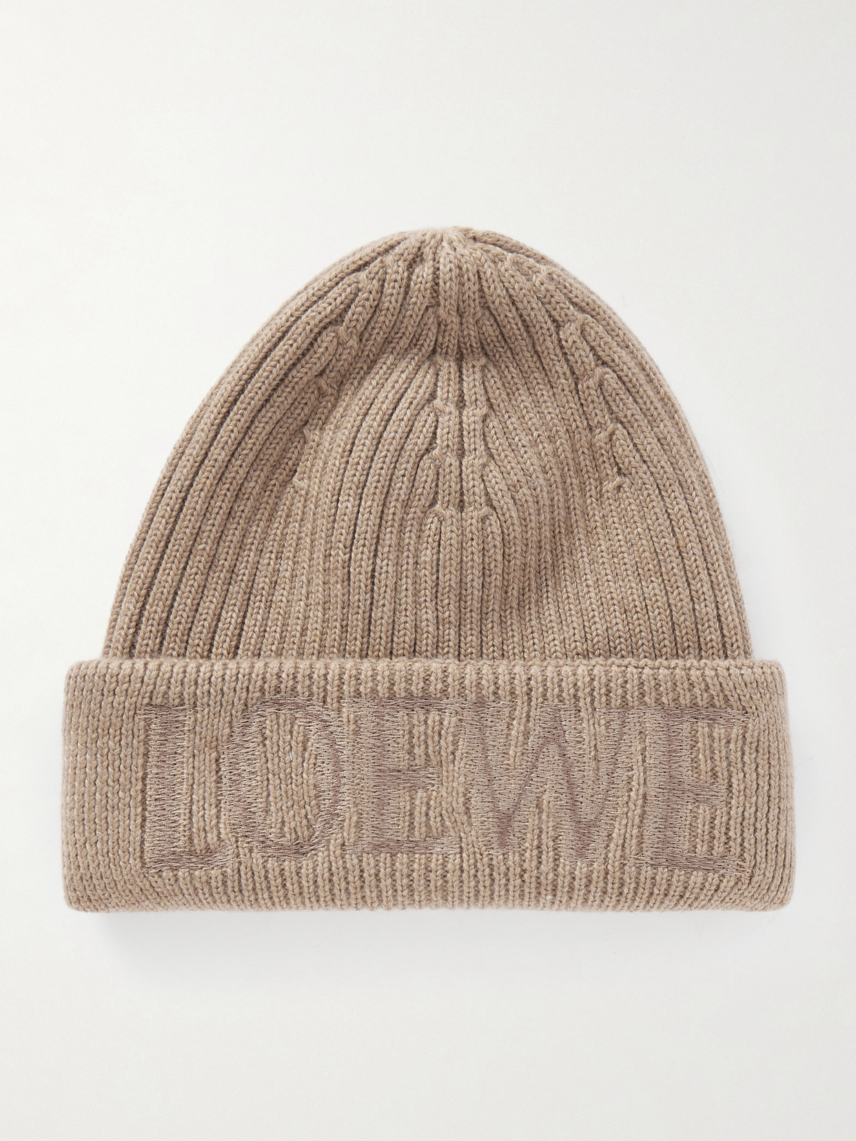 Loewe Embroidered Ribbed Wool Beanie In Neutral